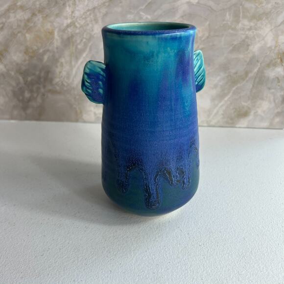 Studio Art Pottery Vase 6.5" Aqua Blue Glaze Drip Salt Glaze - Picture 1 of 16